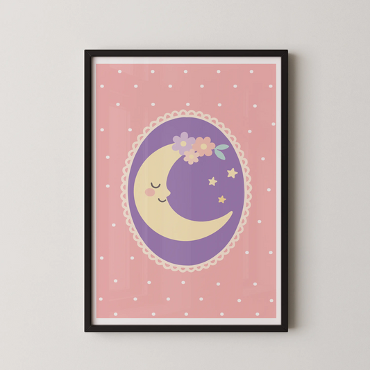 A modern vector illustration of a crescent moon in a lavender oval, adorned with a floral crown and tiny stars.