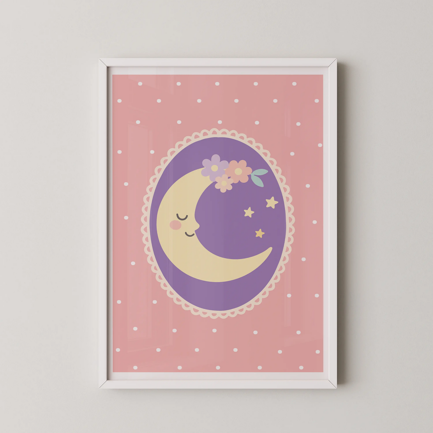 A modern vector illustration of a crescent moon in a lavender oval, adorned with a floral crown and tiny stars.