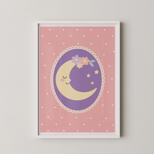 A modern vector illustration of a crescent moon in a lavender oval, adorned with a floral crown and tiny stars.