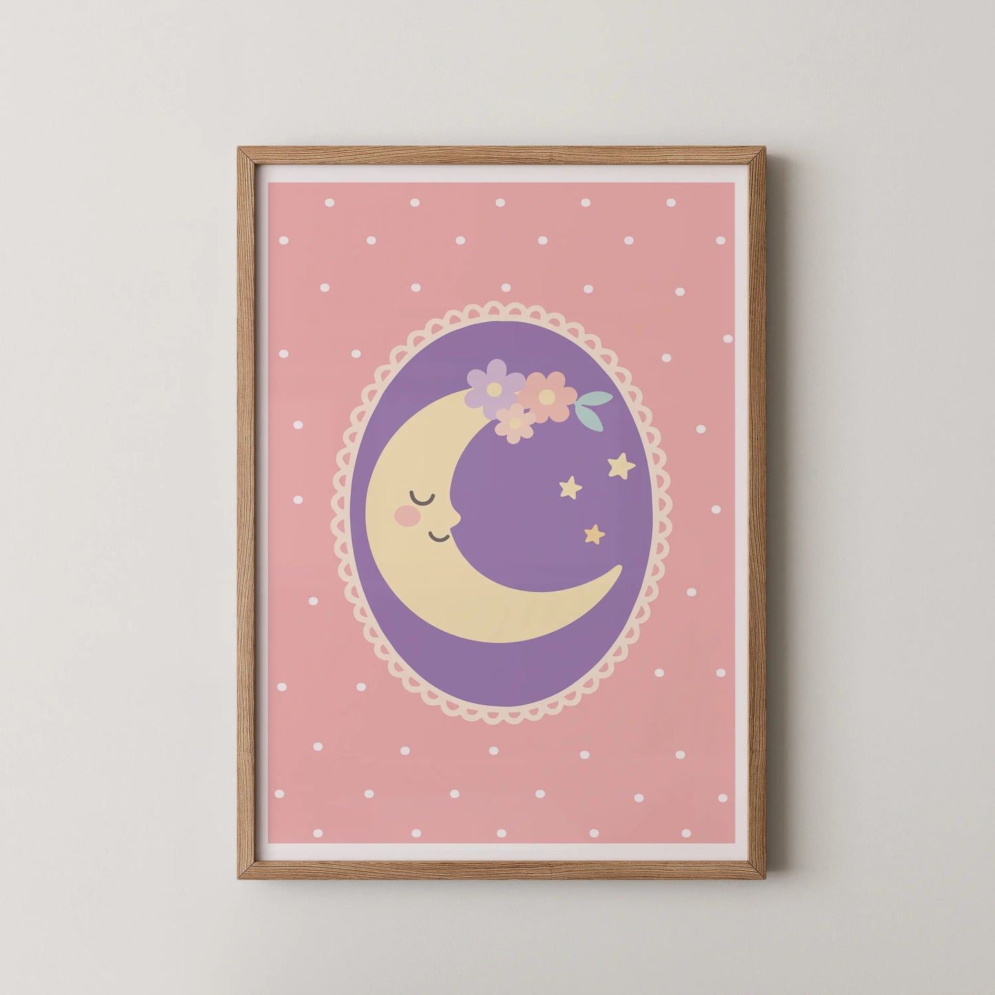 A modern vector illustration of a crescent moon in a lavender oval, adorned with a floral crown and tiny stars.