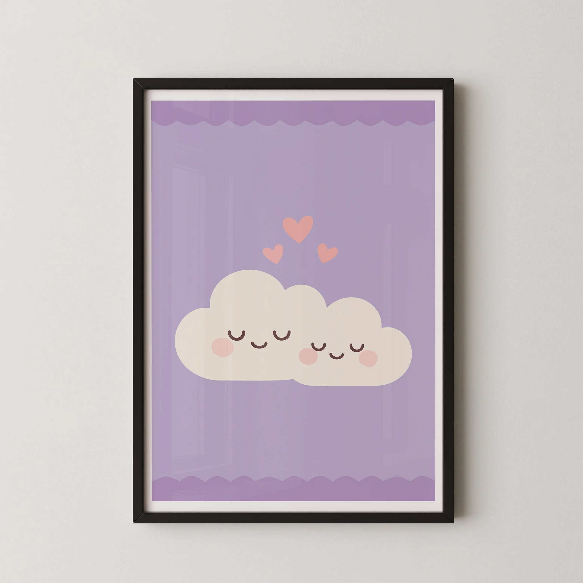 A minimalist flat design illustration of a cloud trio with hearts.