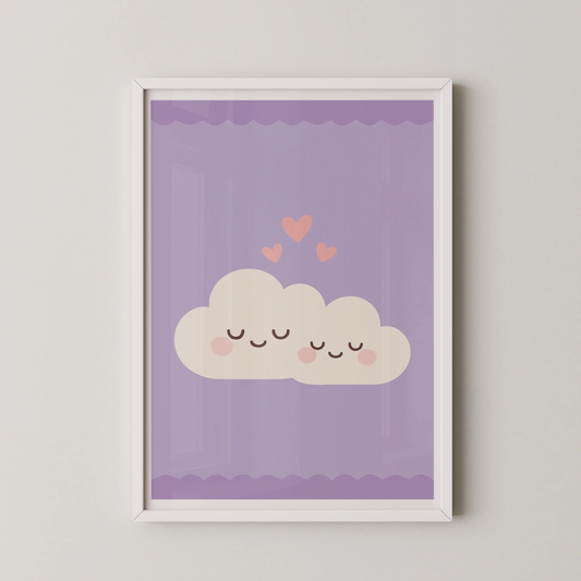 A minimalist flat design illustration of a cloud trio with hearts.