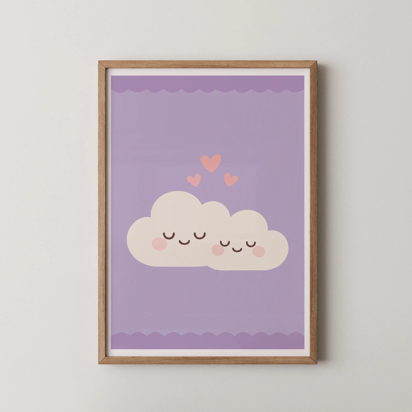 A minimalist flat design illustration of a cloud trio with hearts.