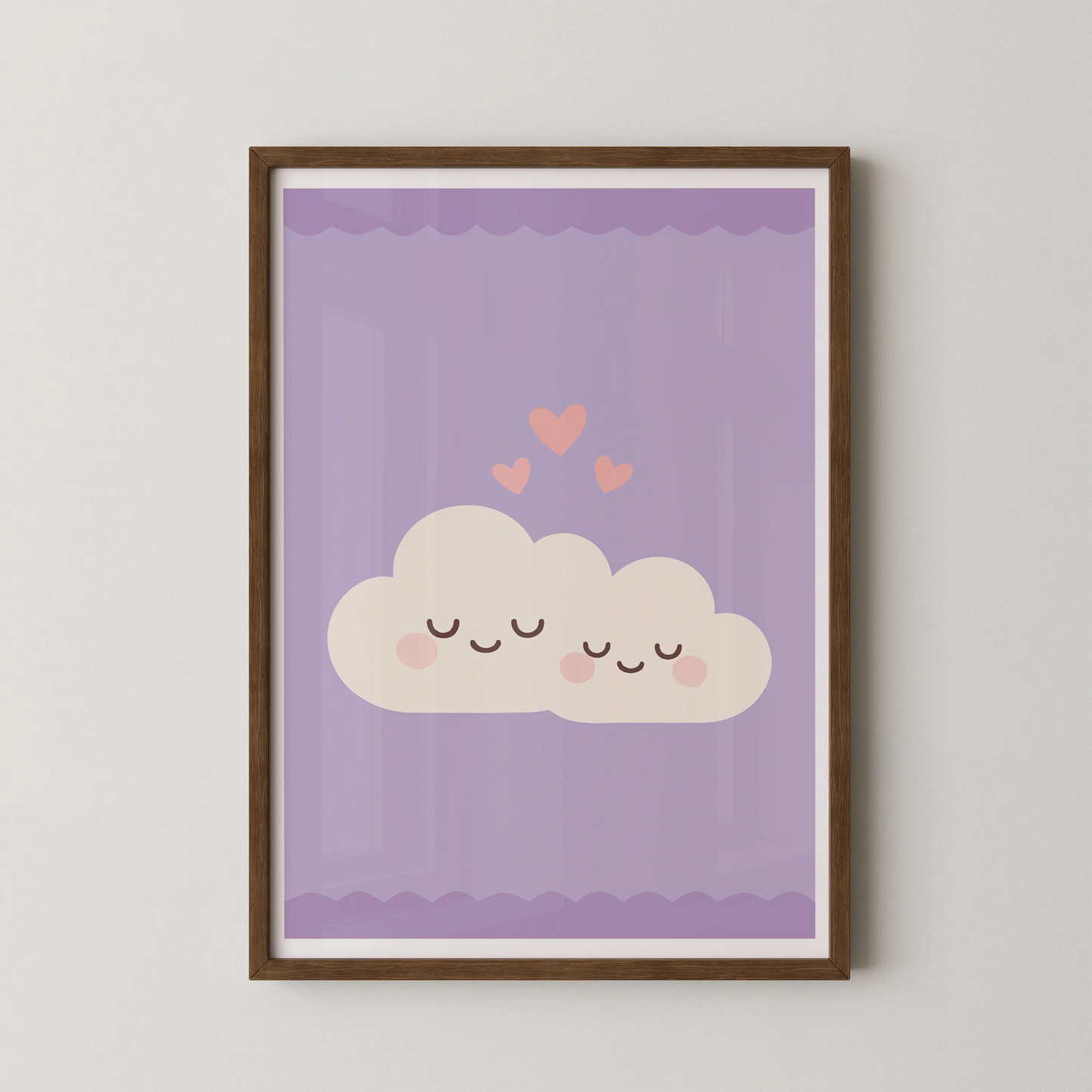 A minimalist flat design illustration of a cloud trio with hearts.