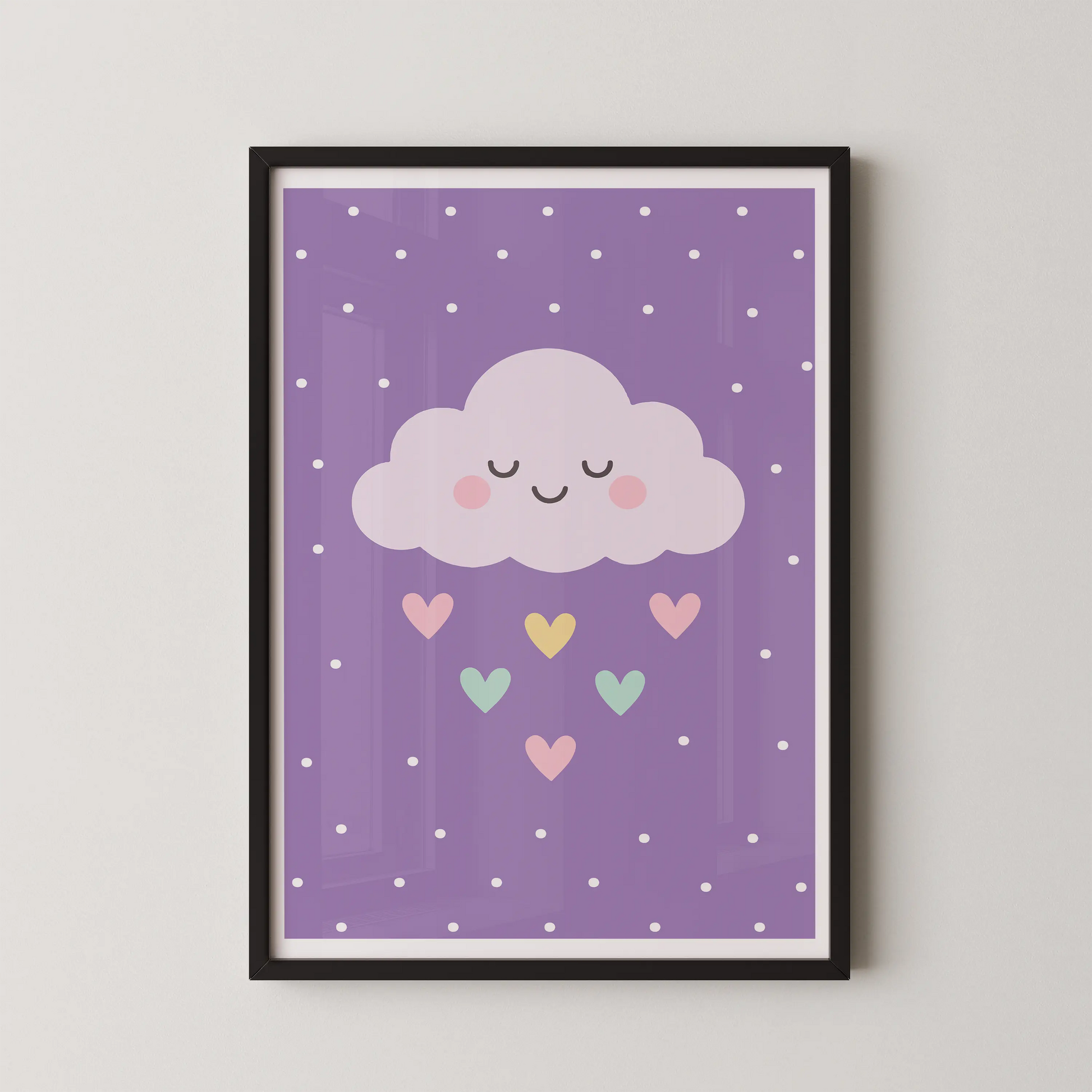 A minimalist wall art print of a cute lilac dream cloud with a sleepy face, on a lavender background with hearts.