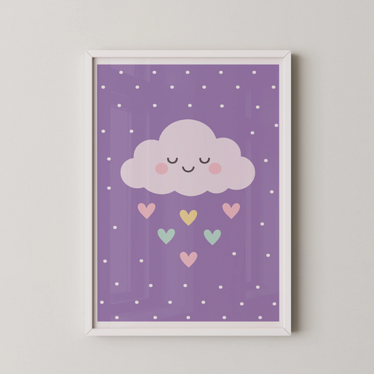 A minimalist wall art print of a cute lilac dream cloud with a sleepy face, on a lavender background with hearts.
