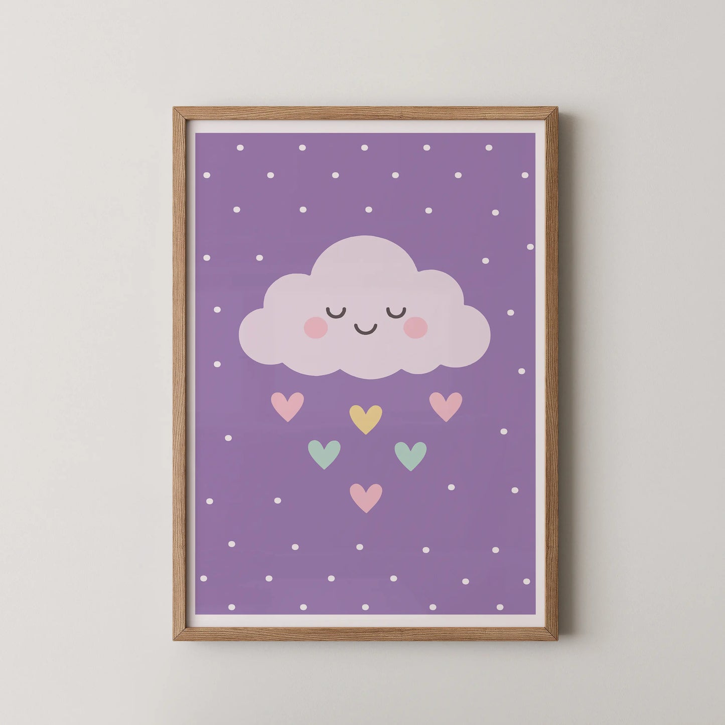 A minimalist wall art print of a cute lilac dream cloud with a sleepy face, on a lavender background with hearts.