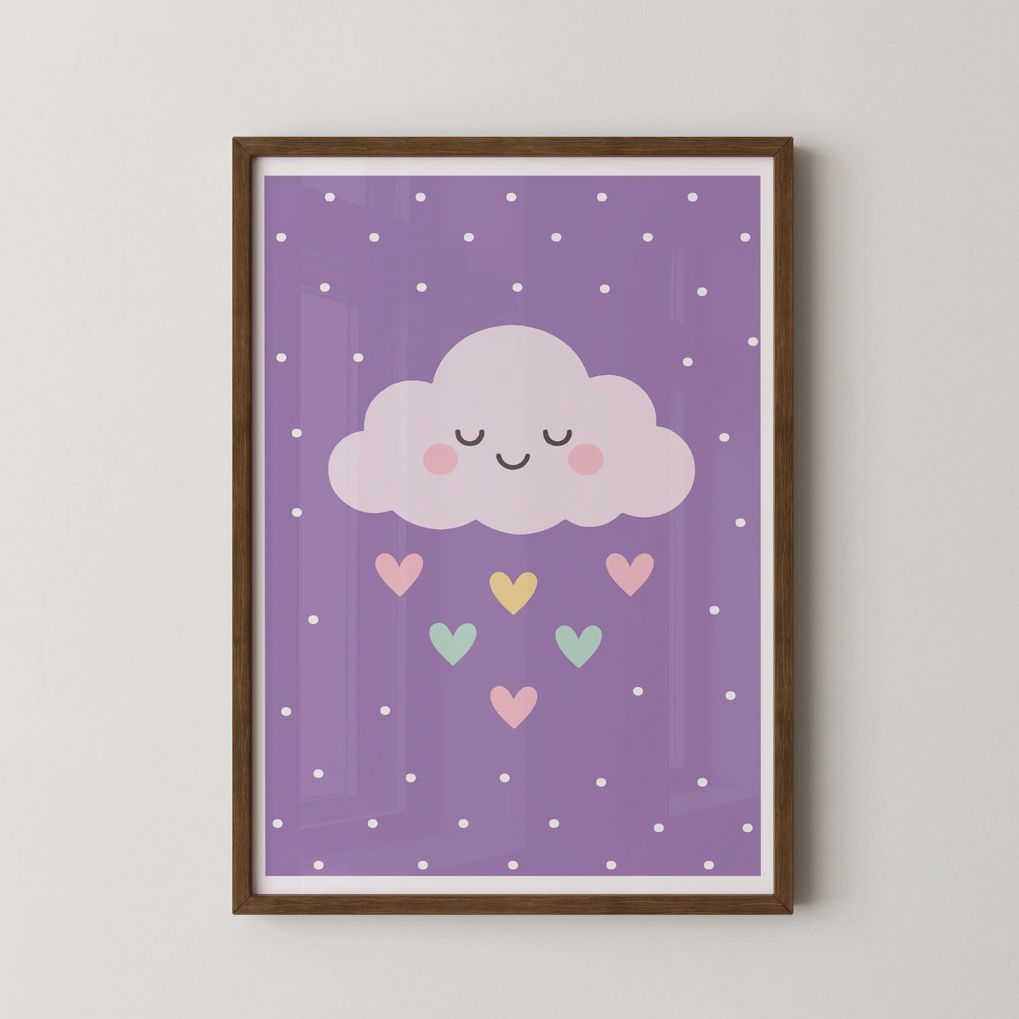 A minimalist wall art print of a cute lilac dream cloud with a sleepy face, on a lavender background with hearts.