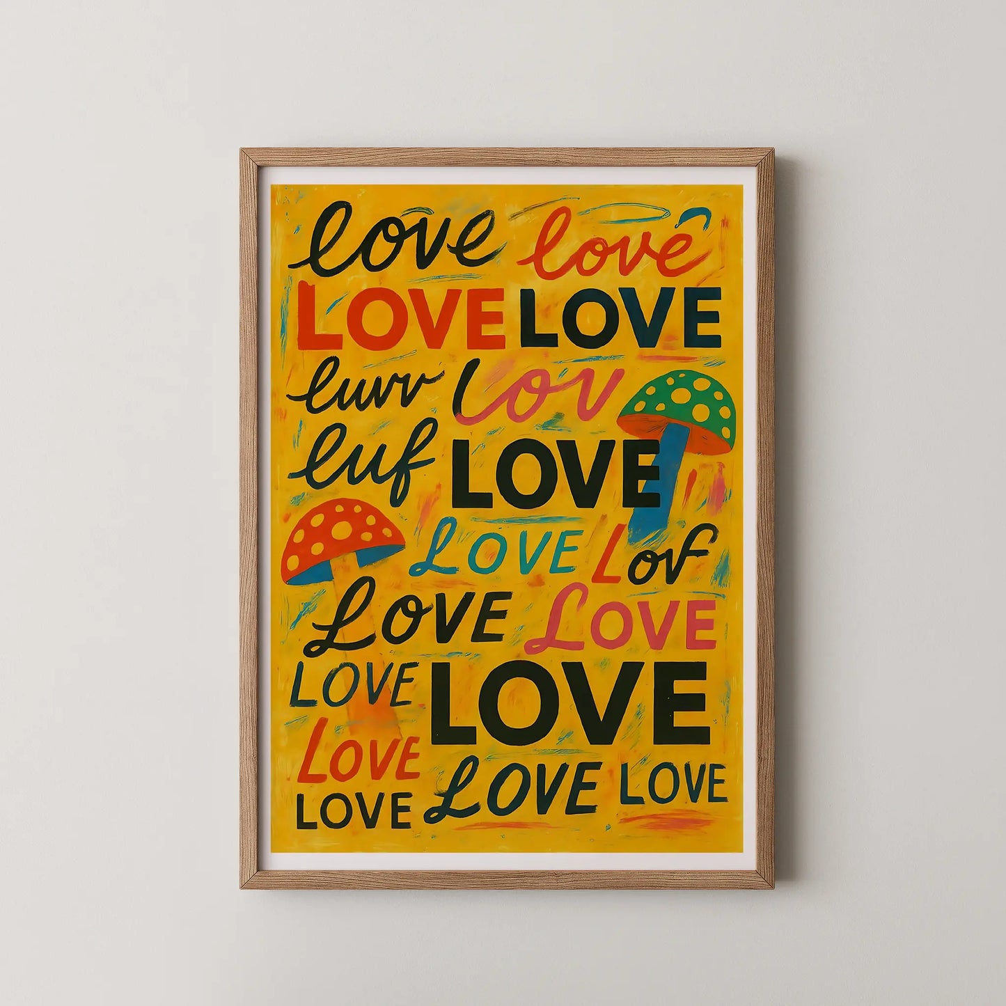 A vibrant Pop Art style poster featuring the word LOVE repeated with playful mushrooms.