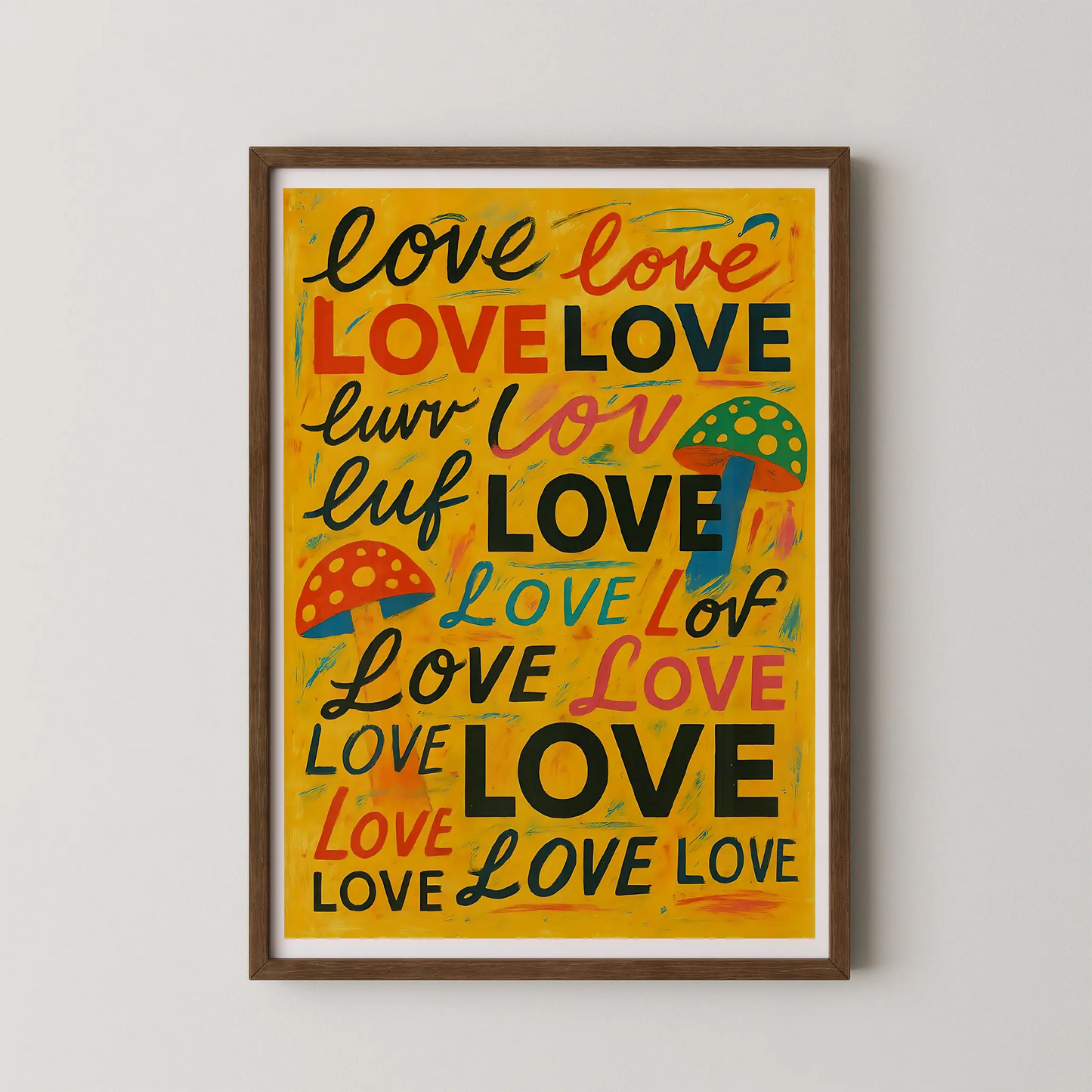 A vibrant Pop Art style poster featuring the word LOVE repeated with playful mushrooms.