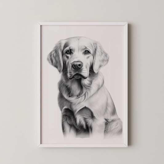 A modern charcoal illustration of a Golden Retriever, showcasing its noble essence and soulful eyes.