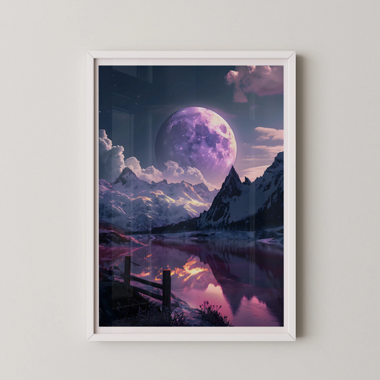A modern wall art poster featuring a cosmic moonscape with a giant purple moon reflected in a pink lake.