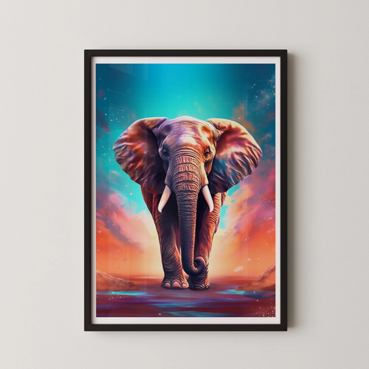 A digital painting of an elephant in a vibrant, surreal landscape, in a modern style.