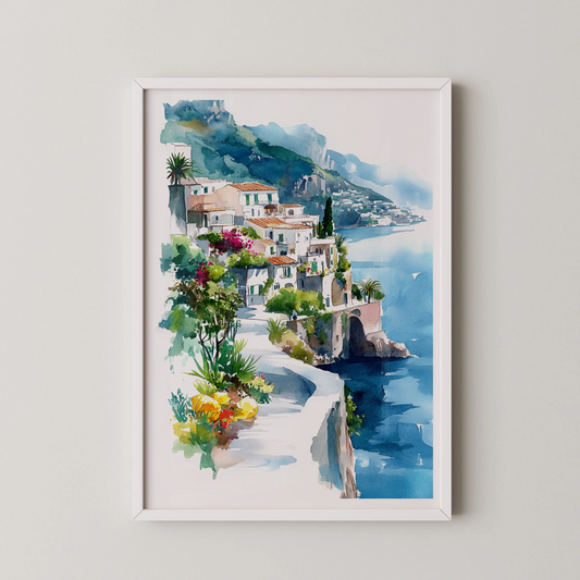A watercolor painting of cliffside villas in a Mediterranean style