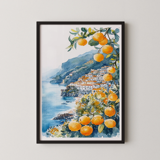 A watercolor painting of a Citrus Coastline village with Mediterranean houses and orange trees, in a Modern style.