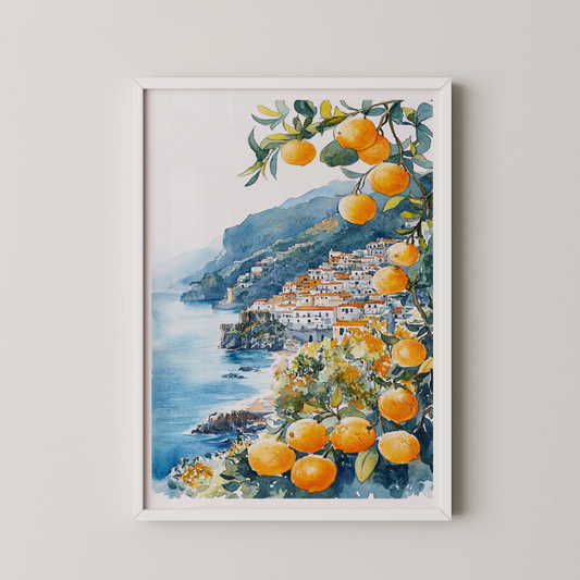 A watercolor painting of a Citrus Coastline village with Mediterranean houses and orange trees, in a Modern style.