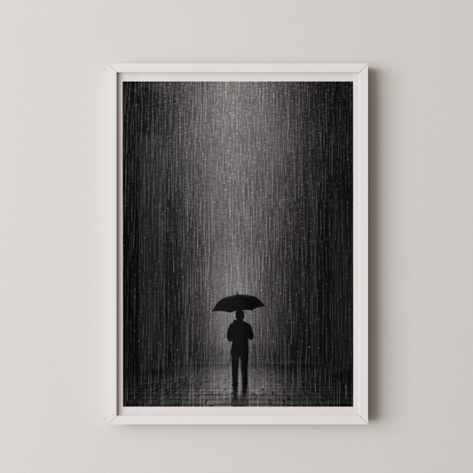 A minimalist wall art poster featuring a solitary figure under an umbrella in the rain, rendered in monochrome.