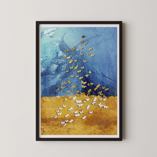 An abstract art print of a cascade of butterflies in ethereal blues and golden hues, in a modern abstract style.