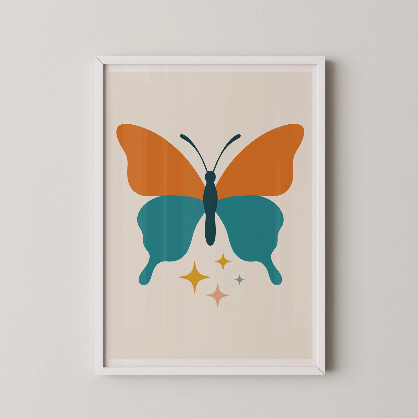 A modern minimalist butterfly art print with sections in turquoise, burnt orange, golden yellow, and pink, with twinkling stars below.