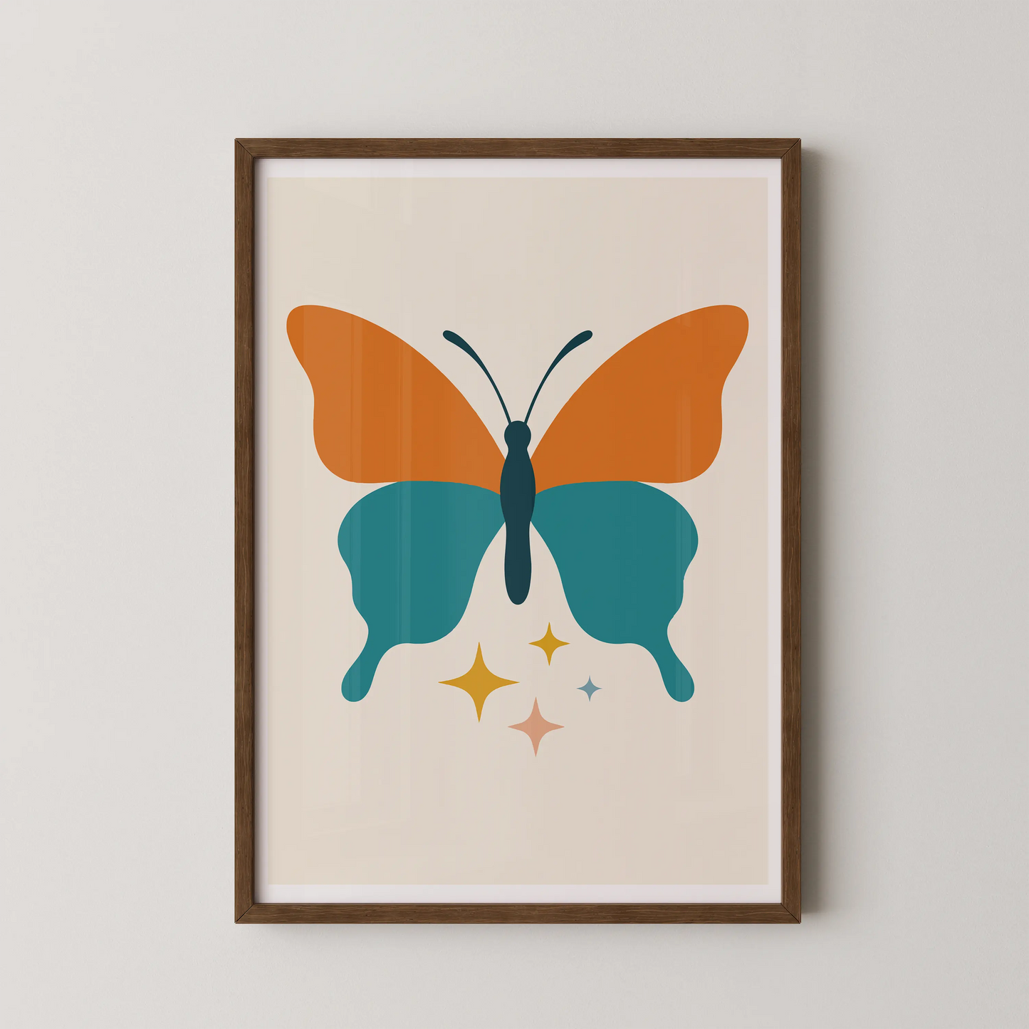A modern minimalist butterfly art print with sections in turquoise, burnt orange, golden yellow, and pink, with twinkling stars below.