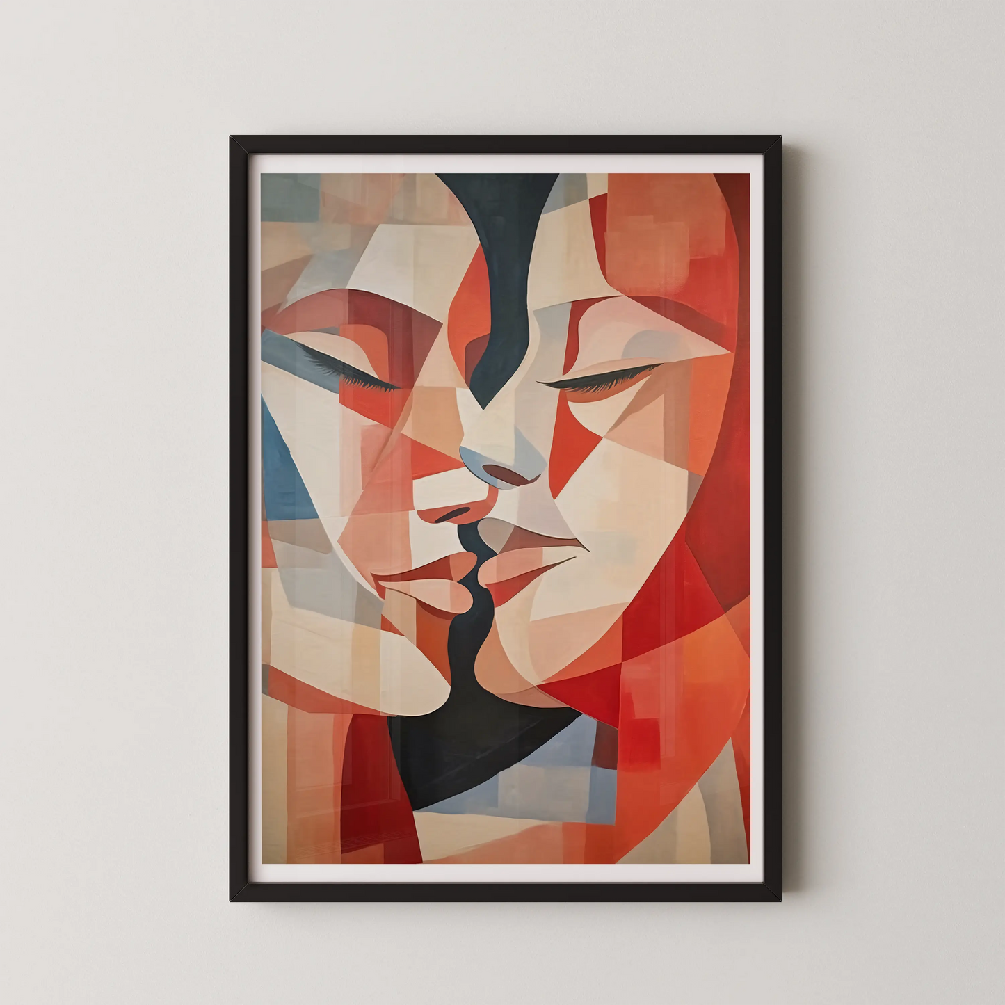 A geometric abstract artwork depicting two faces in a modern kiss, in shades of red, orange, blue, white, and black.
