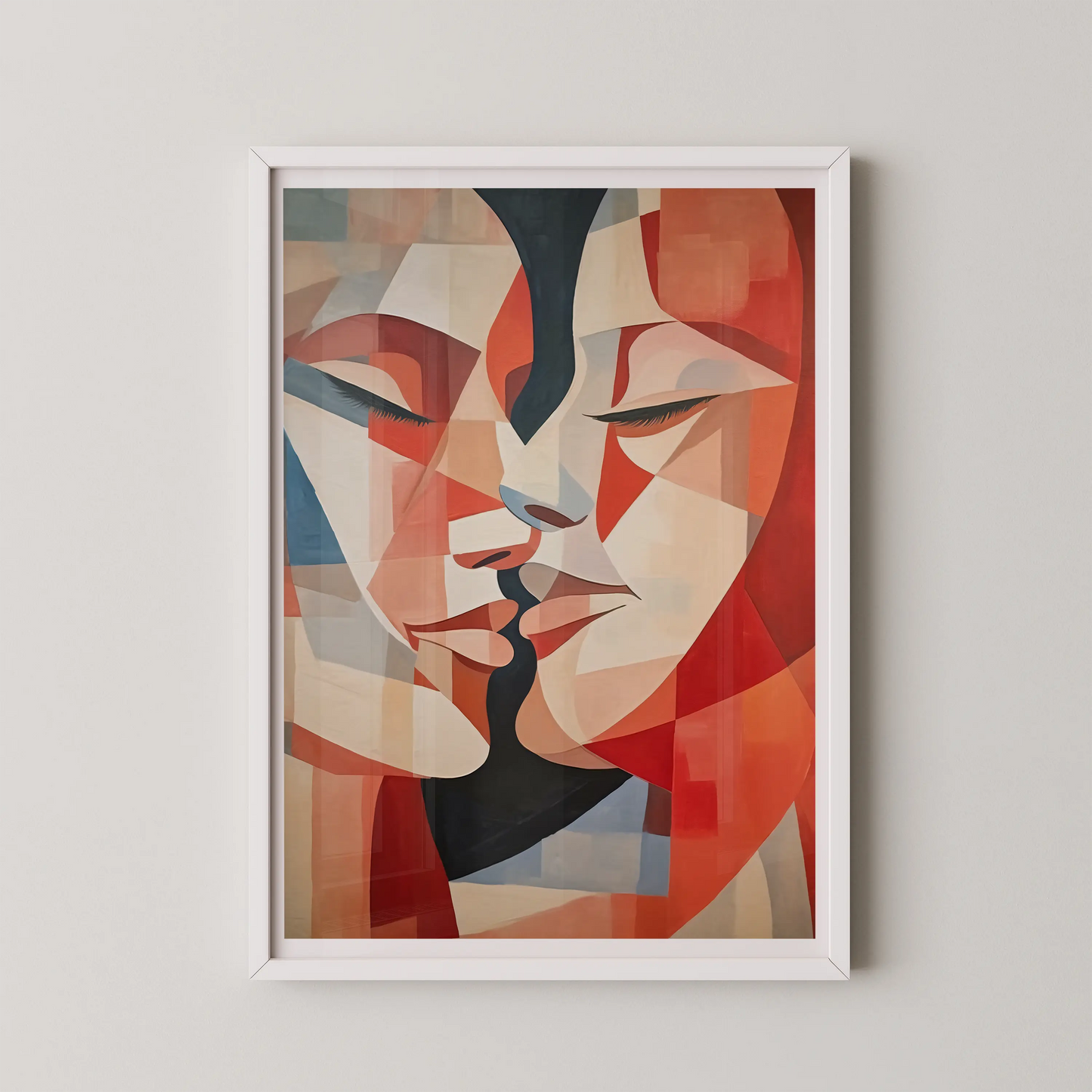 A geometric abstract artwork depicting two faces in a modern kiss, in shades of red, orange, blue, white, and black.