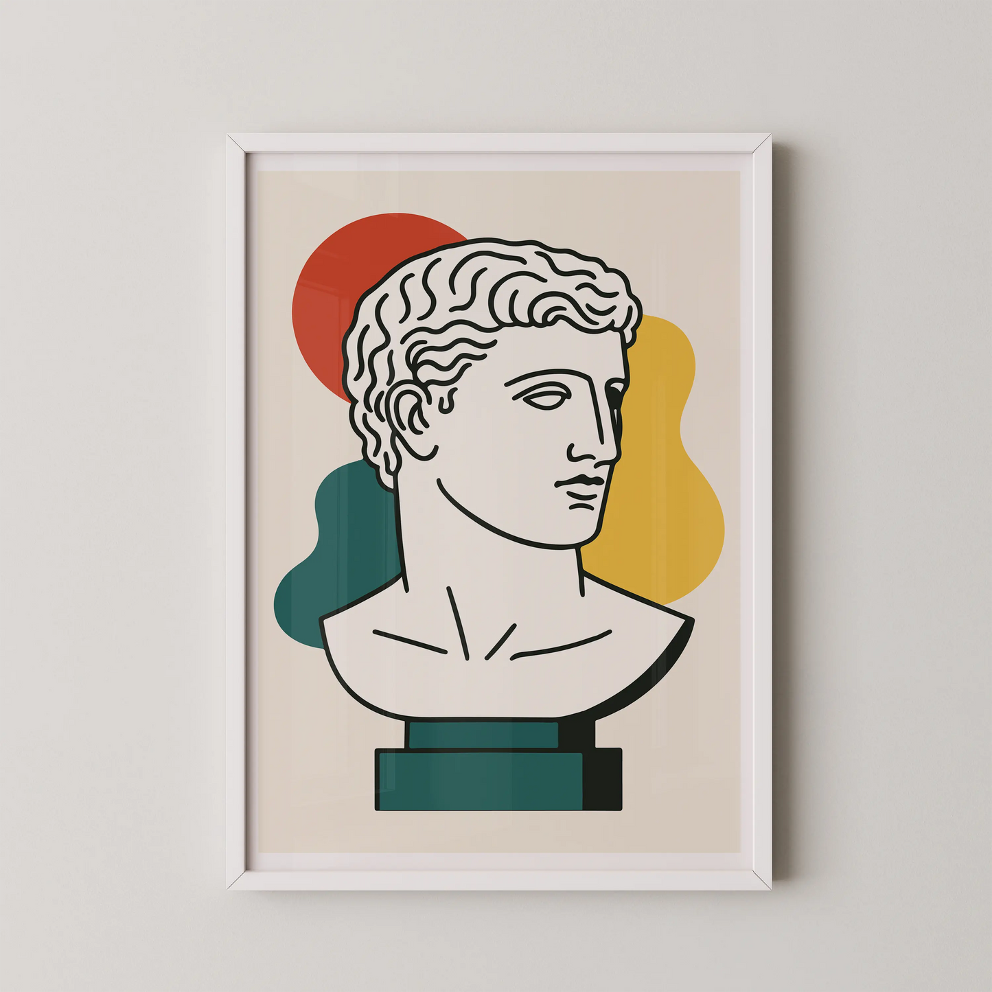 A modern abstract wall art poster featuring a classical bust with minimalist line art and vibrant shapes.