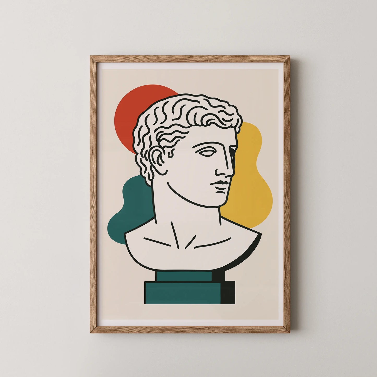 A modern abstract wall art poster featuring a classical bust with minimalist line art and vibrant shapes.
