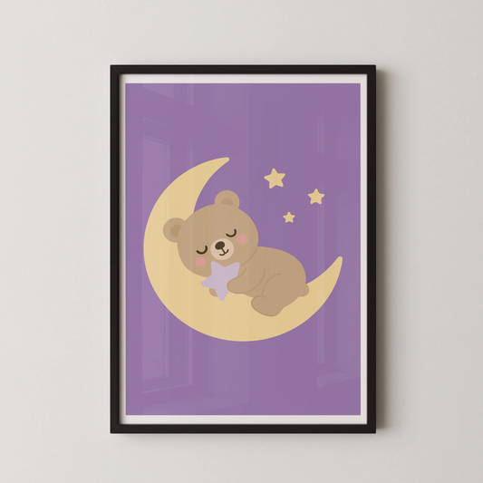 A modern illustration of a sleeping bear on a moon, holding a star, in a kawaii style.