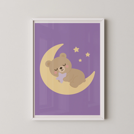 A modern illustration of a sleeping bear on a moon, holding a star, in a kawaii style.