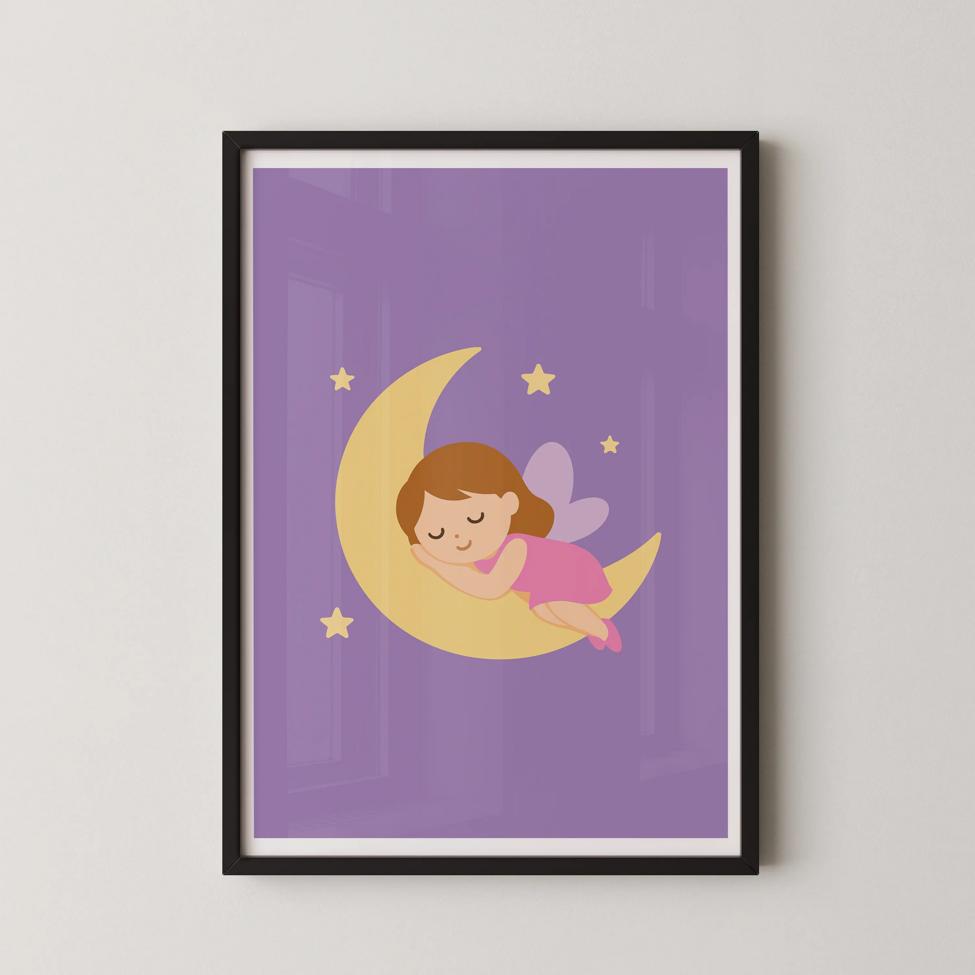 A modern kawaii-inspired illustration of a sleeping fairy resting on a crescent moon, perfect for a kids room.
