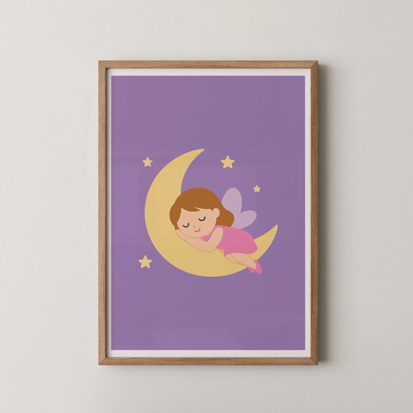 A modern kawaii-inspired illustration of a sleeping fairy resting on a crescent moon, perfect for a kids room.