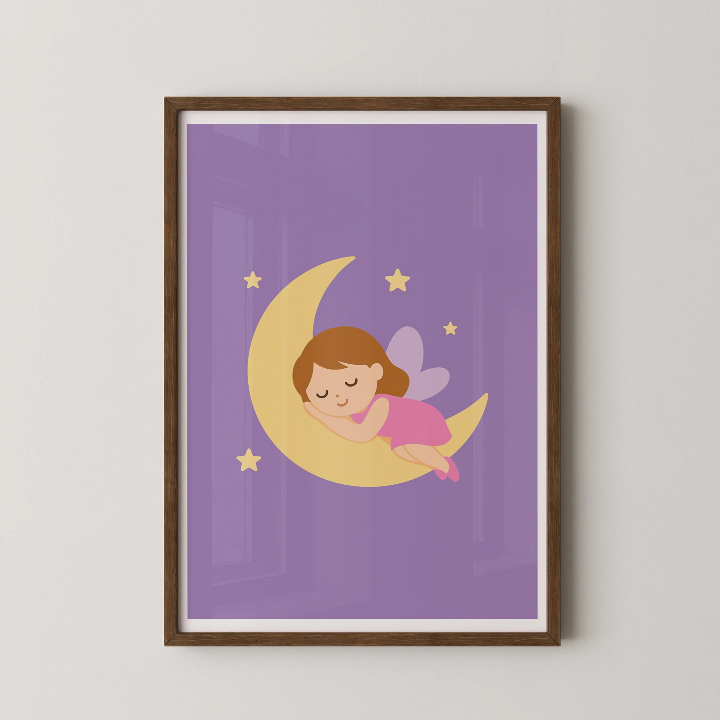 A modern kawaii-inspired illustration of a sleeping fairy resting on a crescent moon, perfect for a kids room.