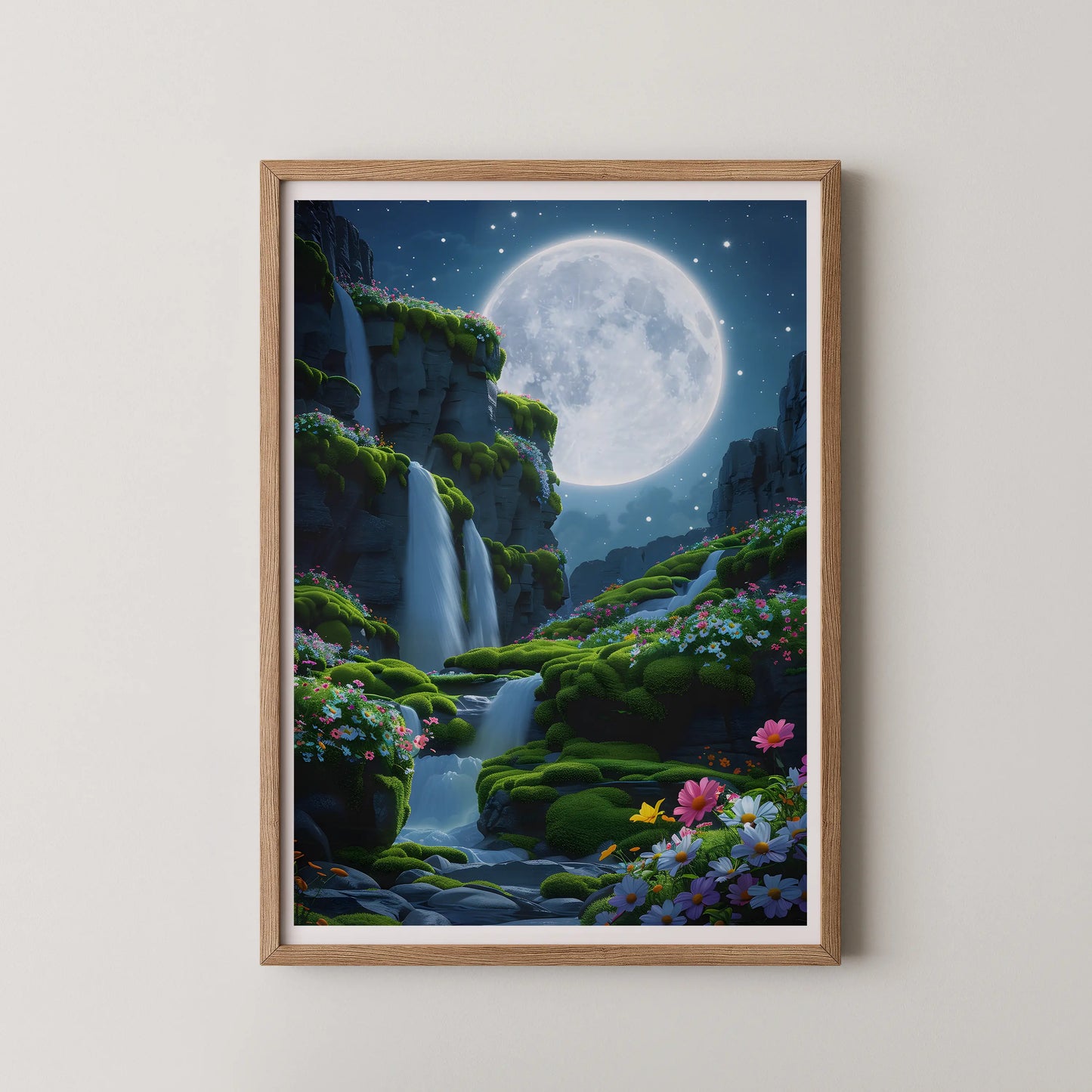 A modern style digital fantasy landscape of a lunar garden with moss-draped cliffs and wildflowers.