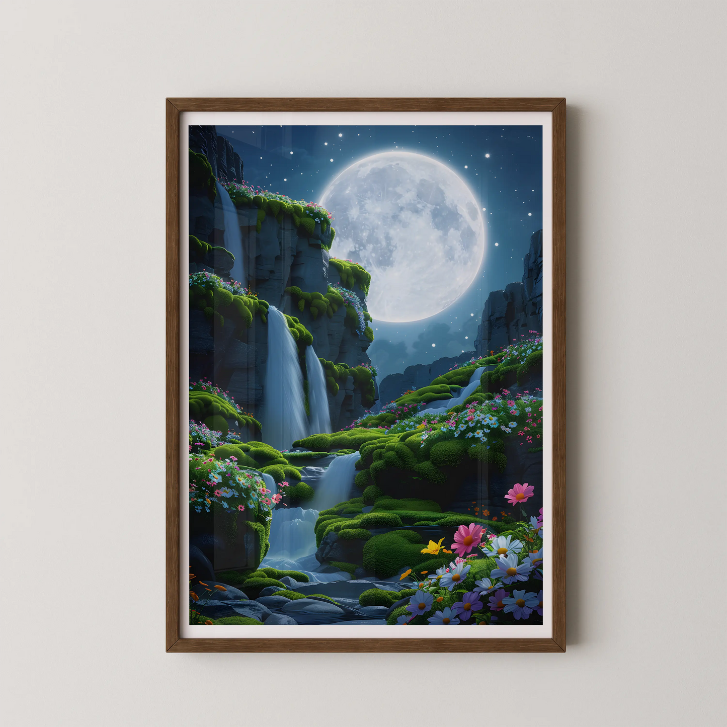 A modern style digital fantasy landscape of a lunar garden with moss-draped cliffs and wildflowers.