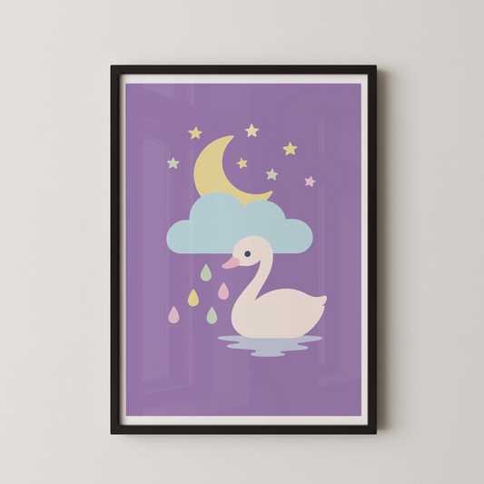 A modern flat-design illustration of a swan floating on water under a crescent moon and stars.