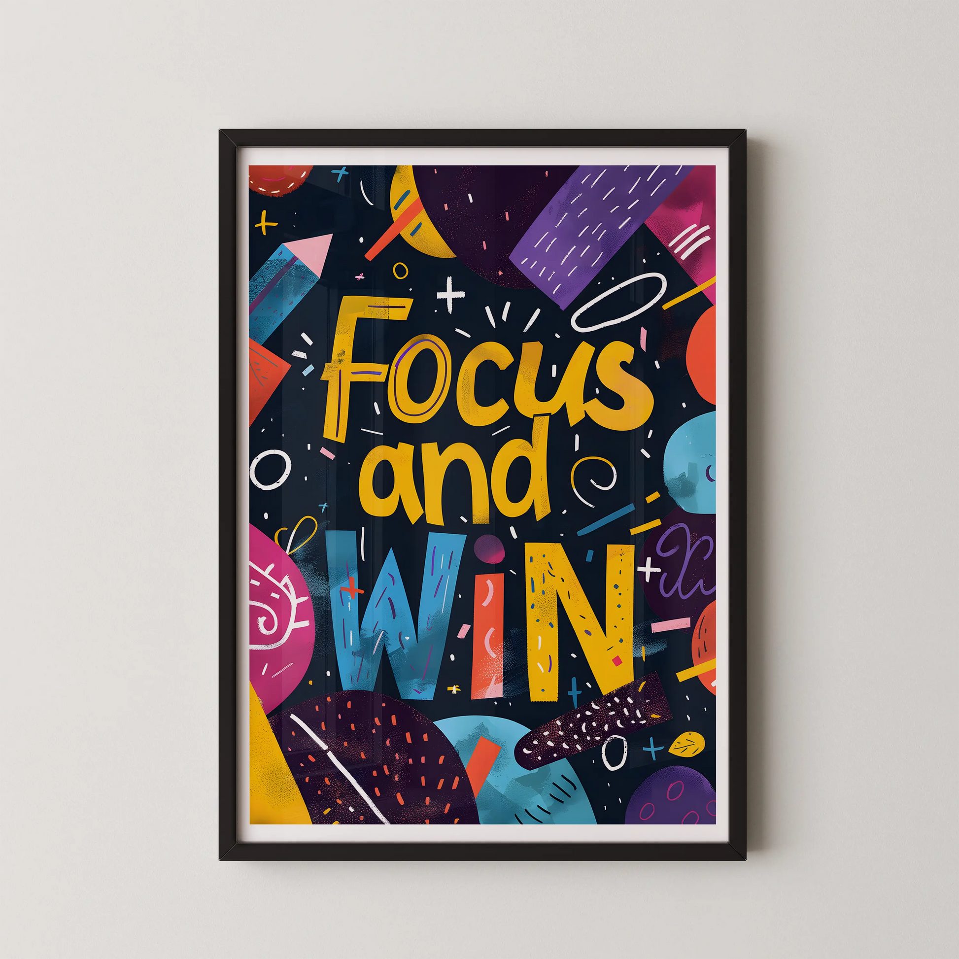 A modern typographic poster with the words 'focus and WIN' in bold yellow and electric blue.