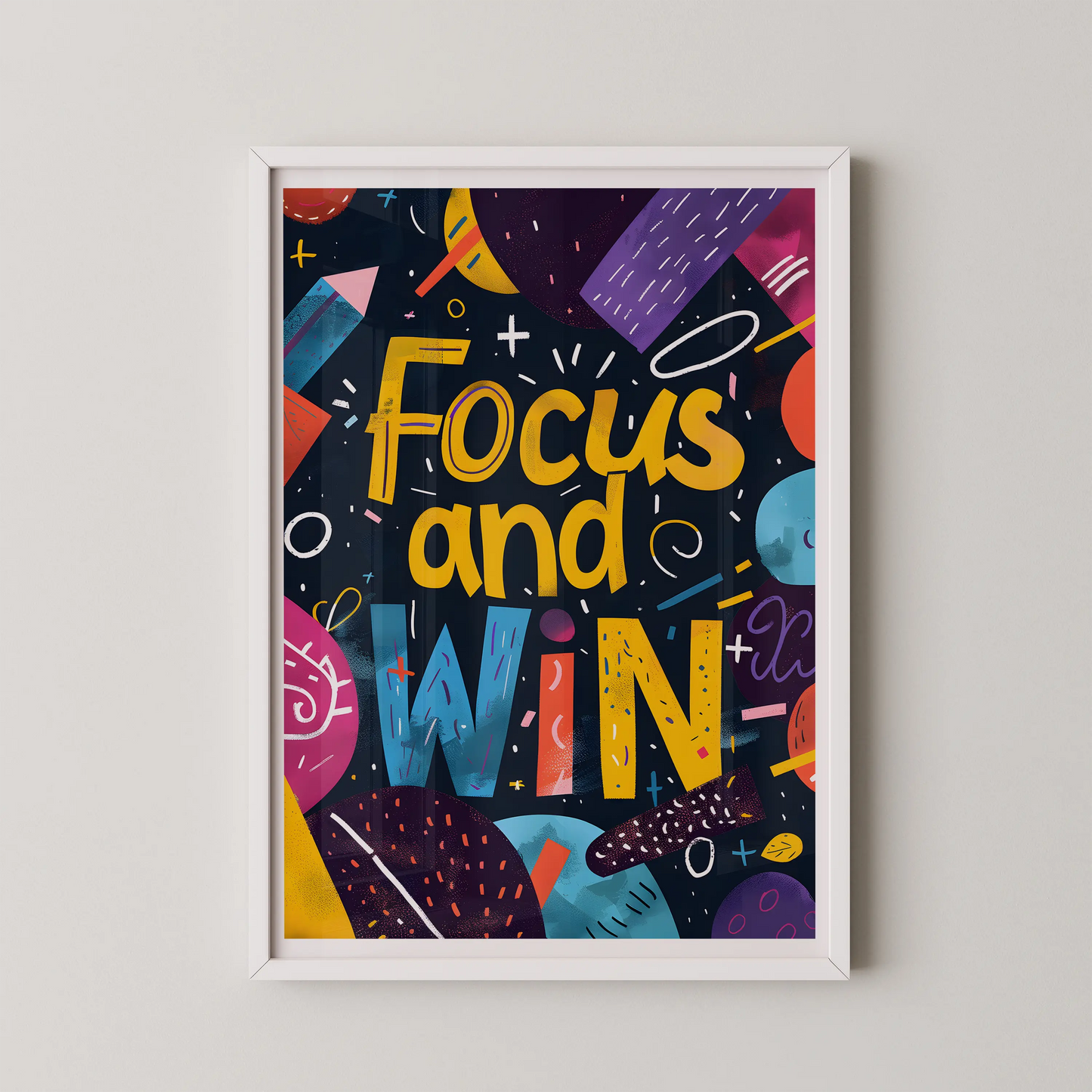 A modern typographic poster with the words 'focus and WIN' in bold yellow and electric blue.