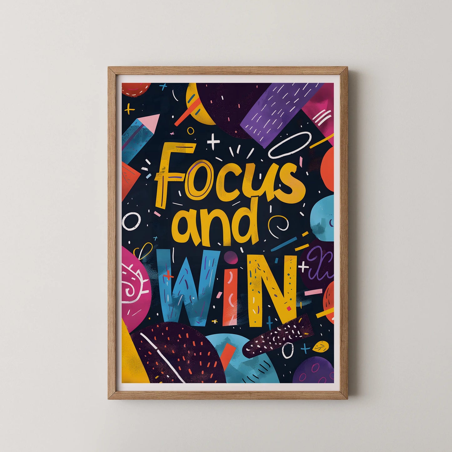 A modern typographic poster with the words 'focus and WIN' in bold yellow and electric blue.