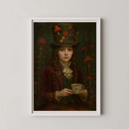 A vintage-style oil painting of a fairy tale woman with a red jacket and a mushroom hat in an enchanted forest.