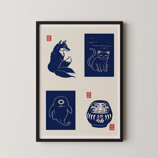 A vintage-style collage of Japanese folklore creatures in dark blue hues, perfect for a living room.