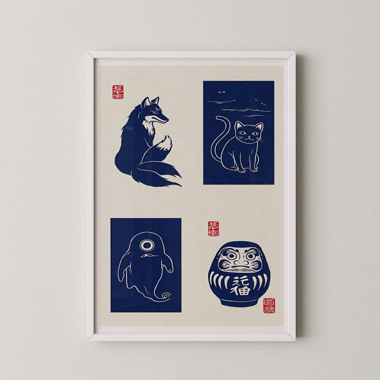 A vintage-style collage of Japanese folklore creatures in dark blue hues, perfect for a living room.