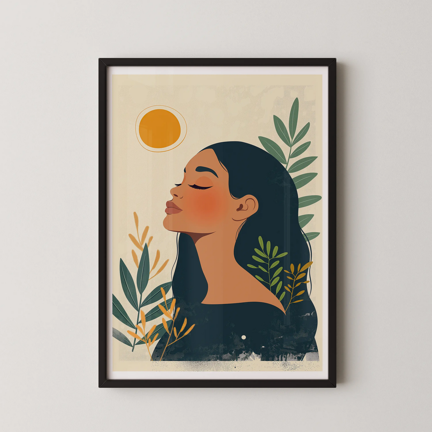 A modern minimalist illustration of a serene woman in profile with lush foliage and a radiant sun