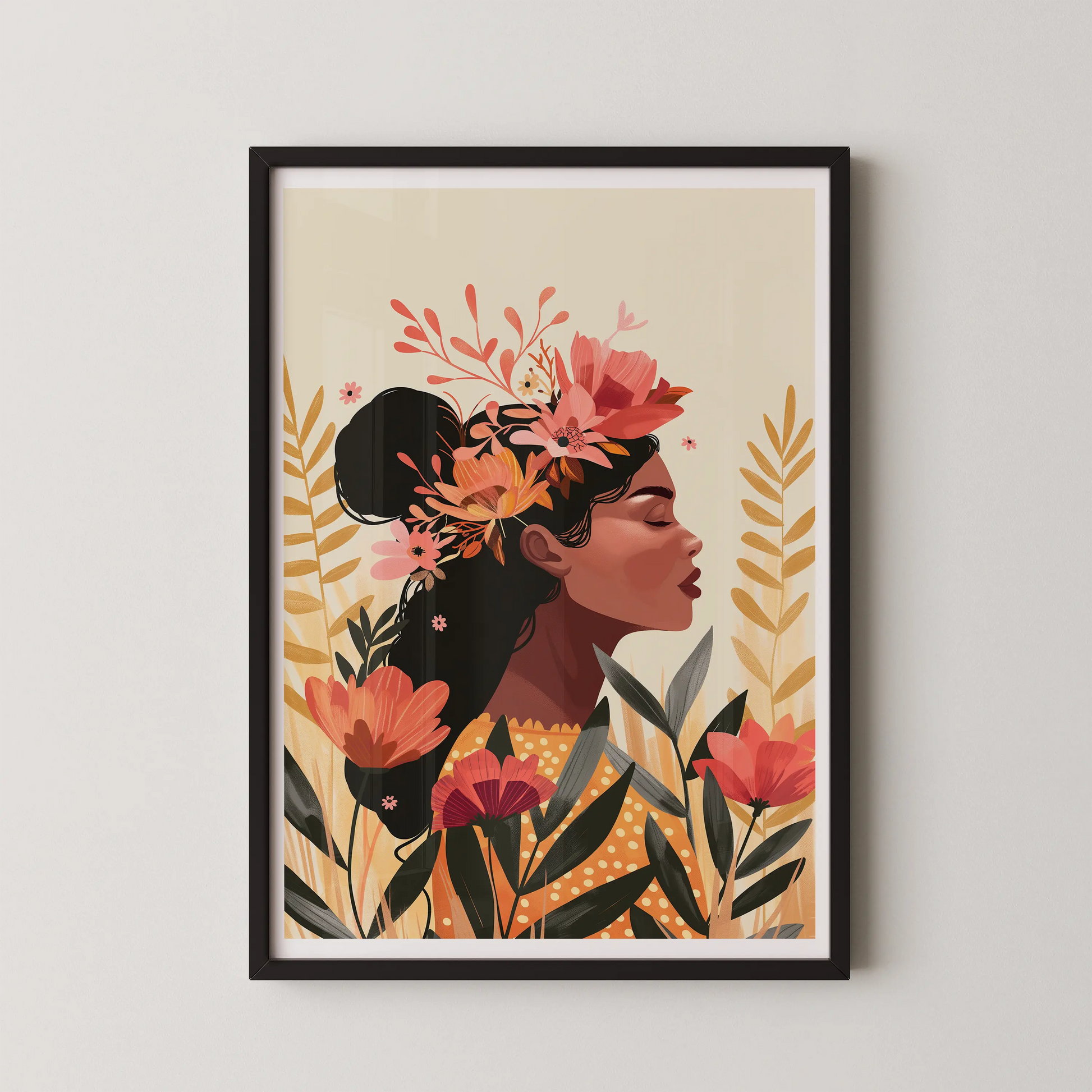 A modern illustrative portrait of a woman with a floral crown, featuring smooth lines and bold shapes against a soft background.
