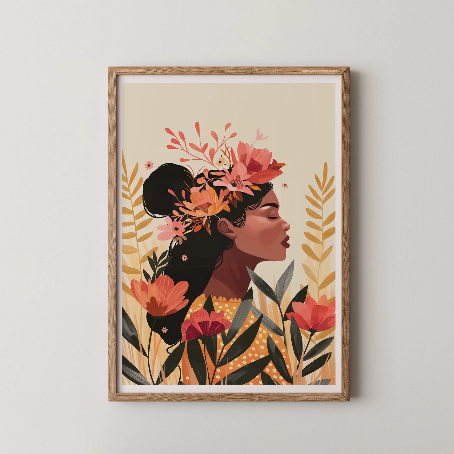 A modern illustrative portrait of a woman with a floral crown, featuring smooth lines and bold shapes against a soft background.