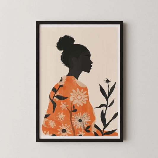 A modern minimalist wall art featuring a woman's silhouette in an orange garment with white daisies against a beige background.