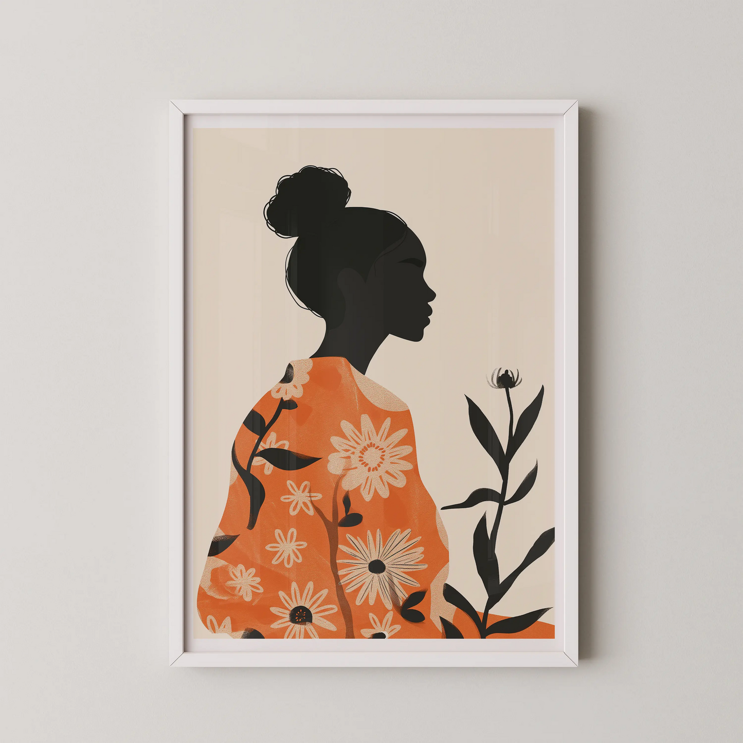 A modern minimalist wall art featuring a woman's silhouette in an orange garment with white daisies against a beige background.