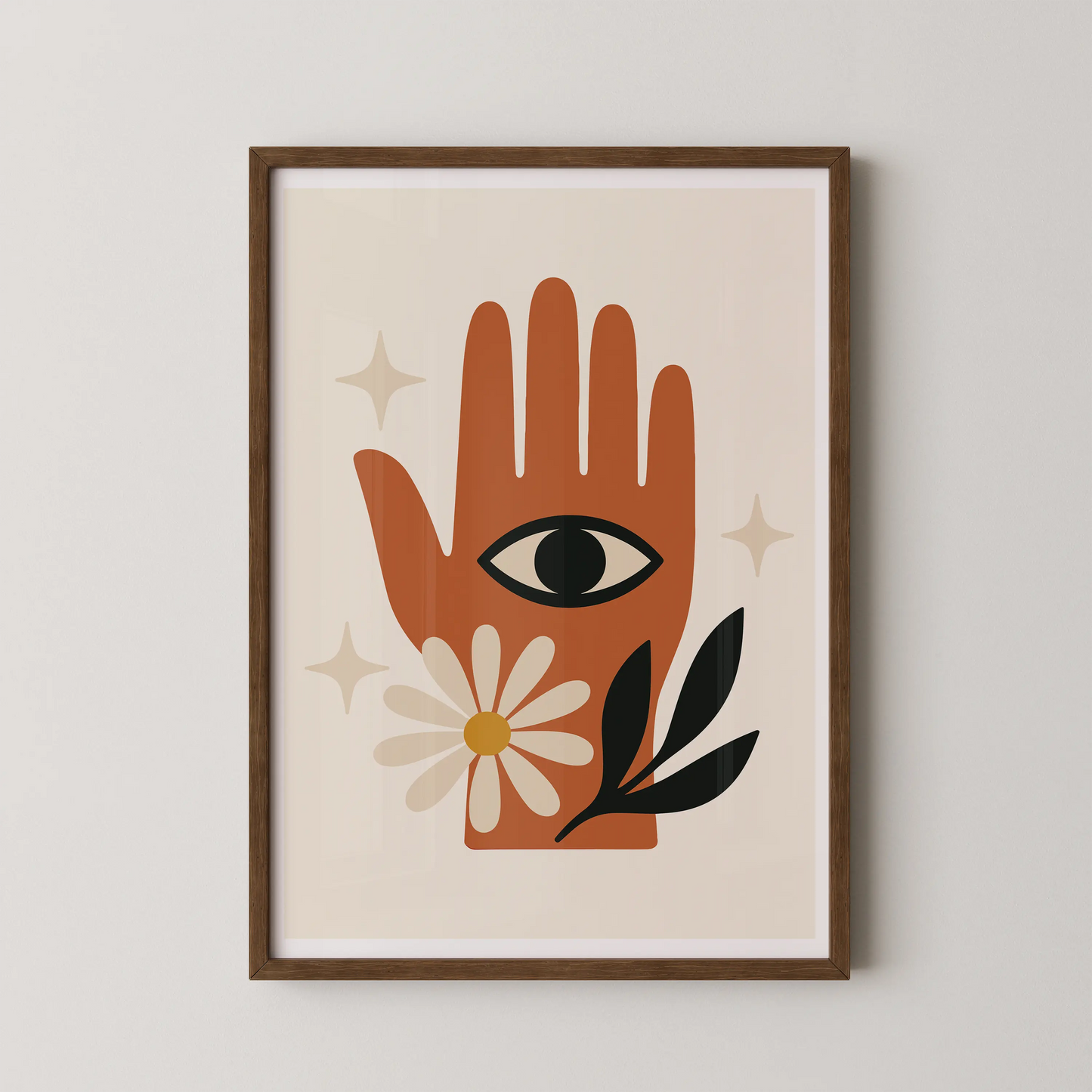 A modern abstract minimalist wall art poster featuring a stylized hand with an all-seeing eye at its center in terracotta and beige tones.