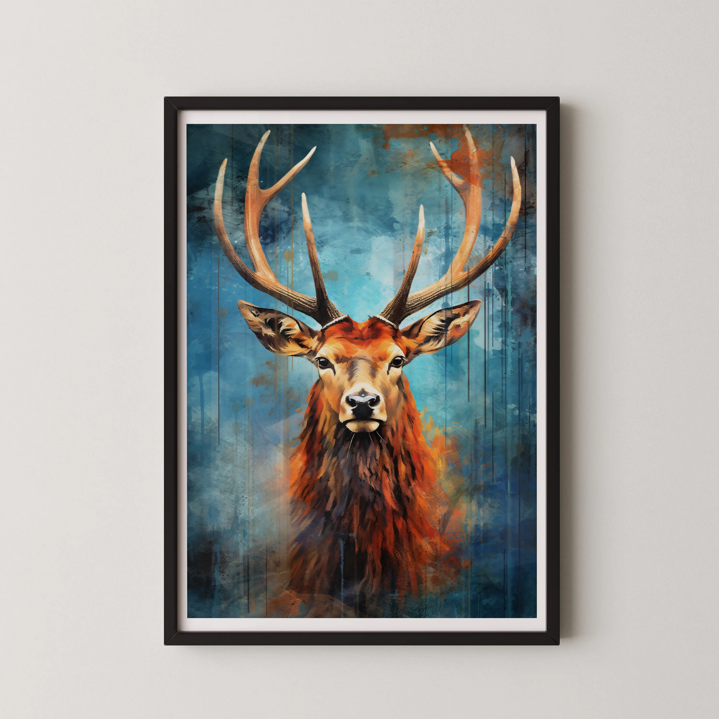 A modern digital art style poster featuring a majestic stag with intricate antlers.