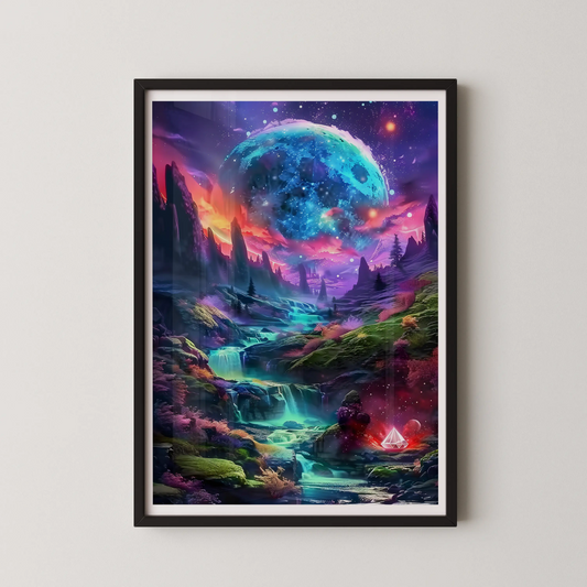 A modern art piece depicting a celestial planet over an alien valley with neon lights.